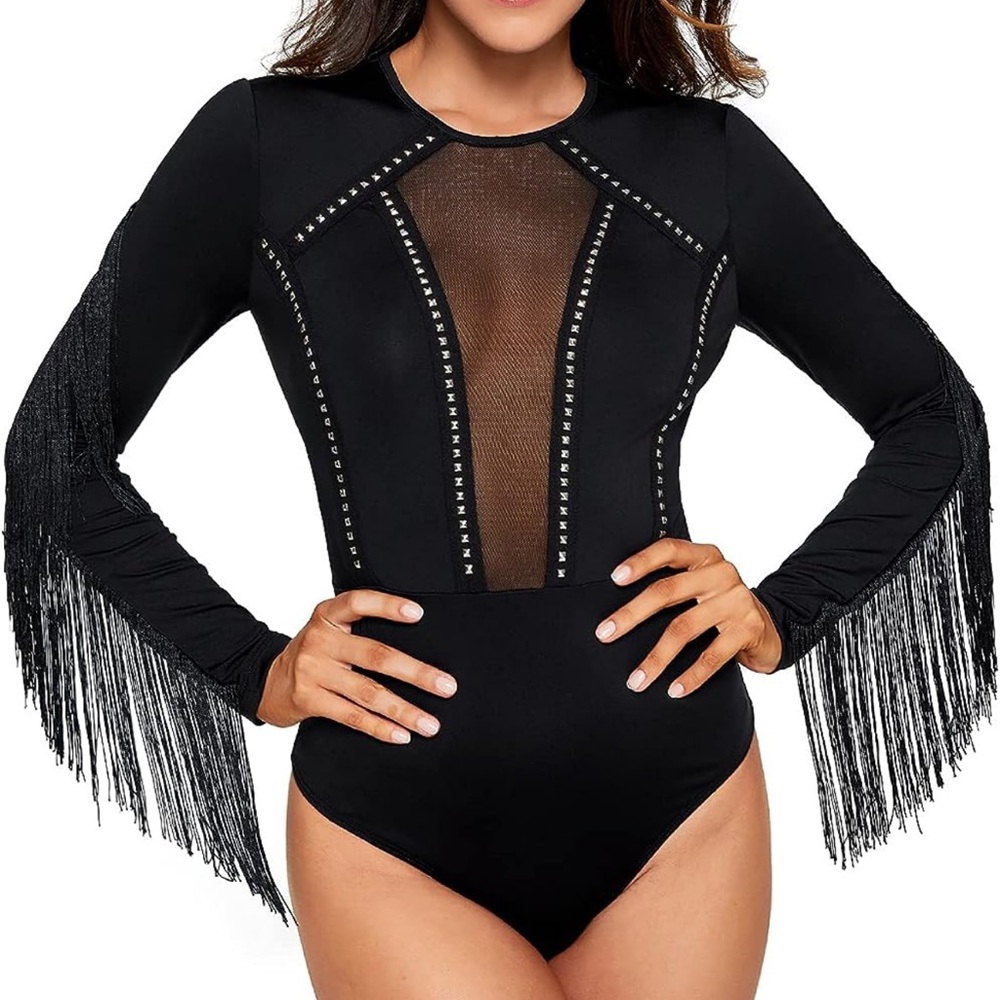 Chic Black Fringe Bodysuit